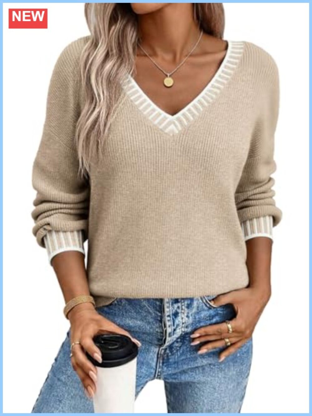 V Neck Long Sleeve Contrast Knit Pullover Sweater Tops